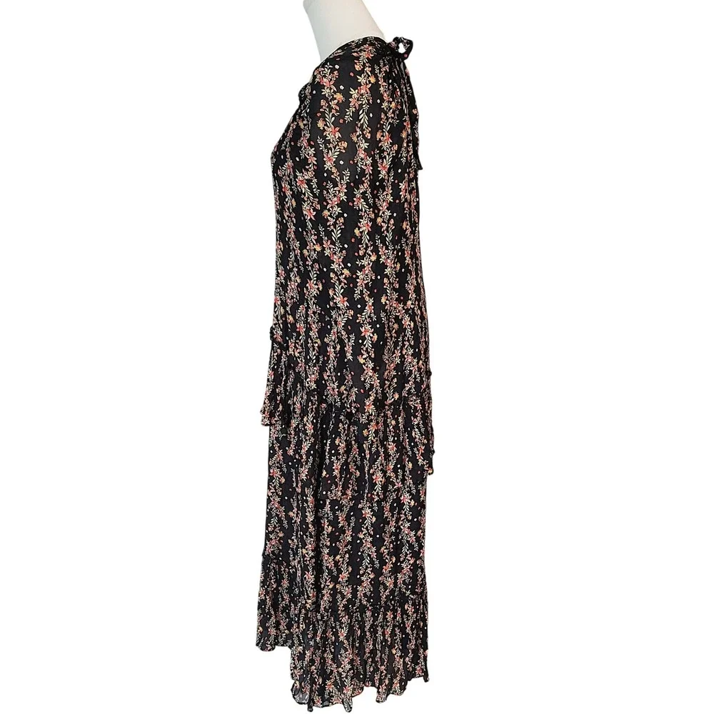 ZARA Black Floral Print Tiered Maxi Dress Puff Sleeve Ruffle High Neck - Picture 5 of 10